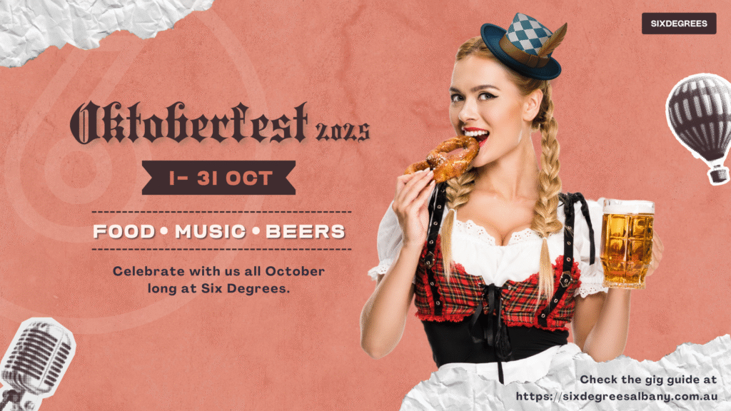 oktoberfest perth 2025 poster at Six Degrees with food, music and $10 Weihenstephan beers