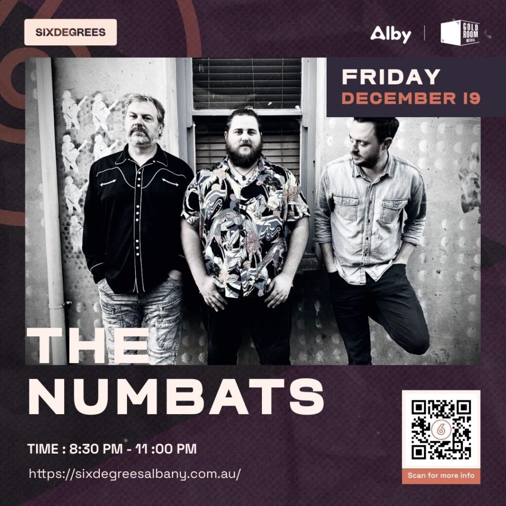 The Numbats Pre-Christmas Party Albany – holiday-themed event artwork for their 19 December 2025 show at Six Degrees Goldroom.