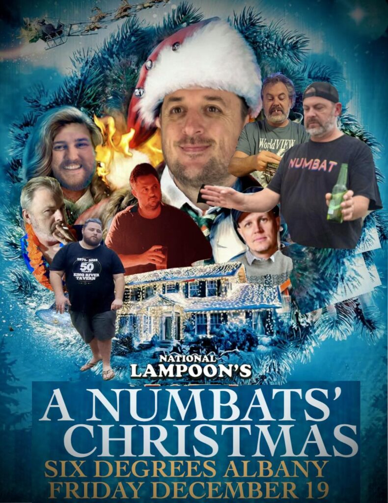 The Numbats performing at Six Degrees Goldroom for the Pre-Christmas Party Albany 2025 in a festive holiday-themed poster.