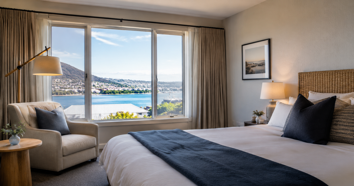 Comfortable Albany hotel room with a harbour outlook