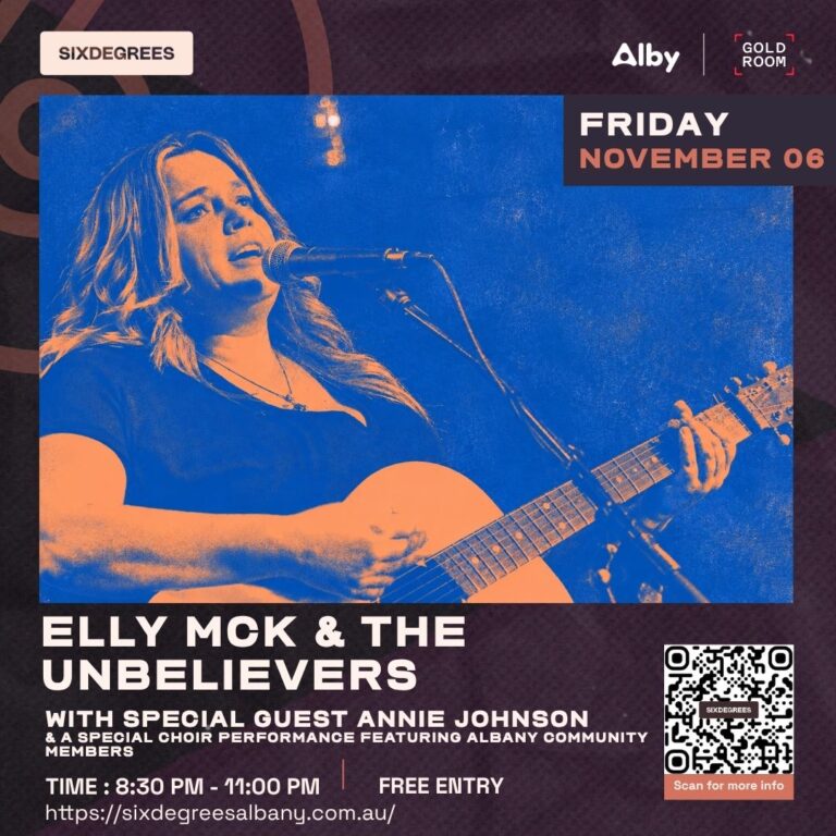 Elly McK Albany concert poster: The Unbelievers, Annie Johnson and community choir, 6 November 2026