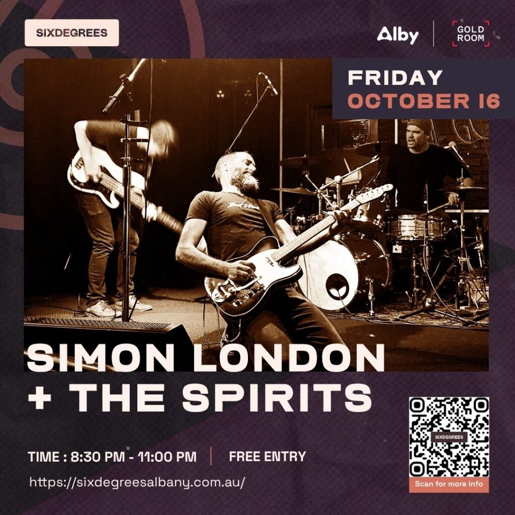 Albany live rock trio Simon London + The Spirits performing, 16 October 2026 at Six Degrees